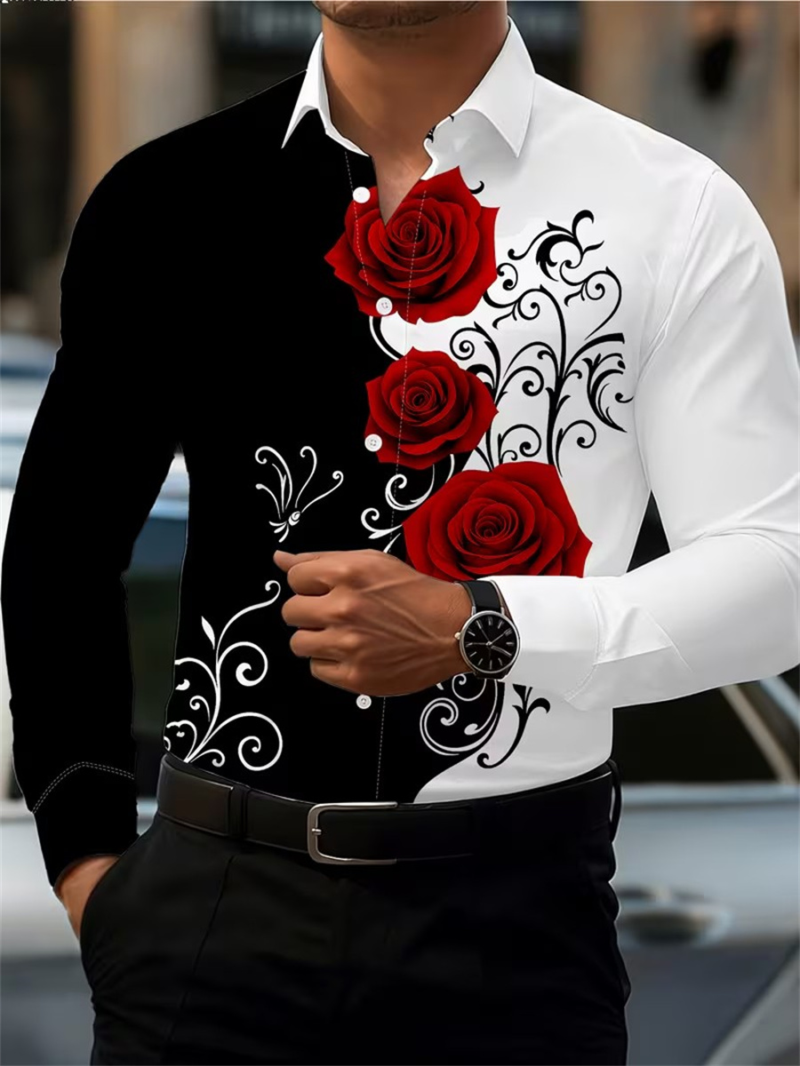 Mens Fashion Ideas - Men's Red Rose Print Long-Sleeve Shirt,