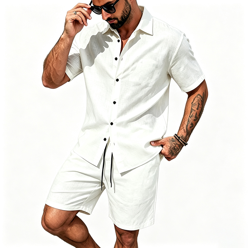 Men Linen Two Piece Outfit Sho - Linen Shirt Summer ulasan dan harga