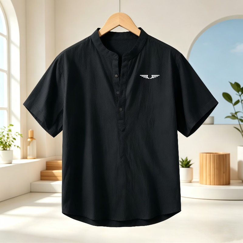 Men's cotton and linen Henley  - Linen Shirt Summer ulasan dan harga