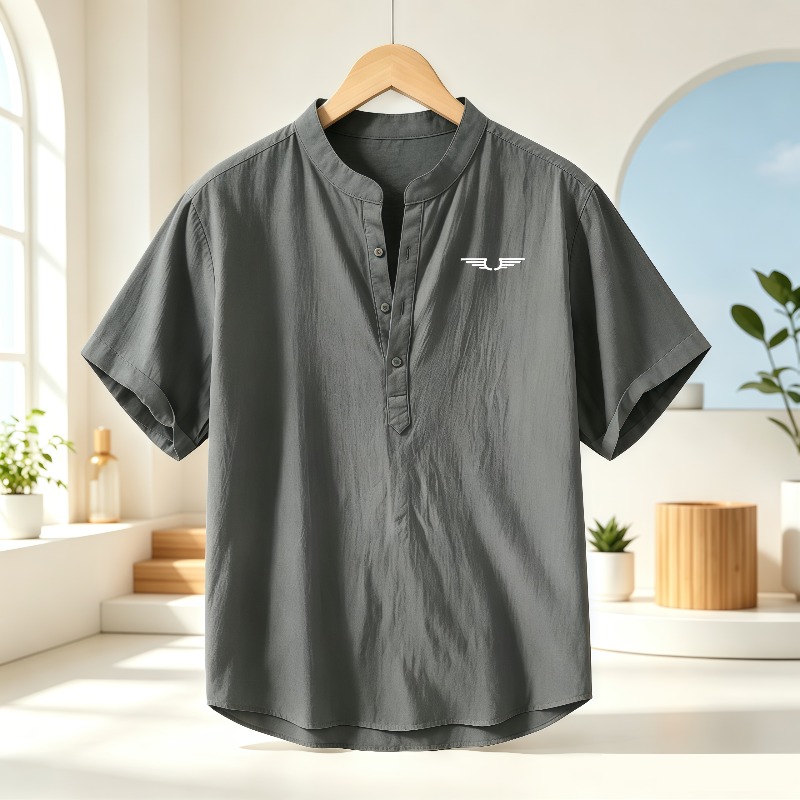 Men's cotton and linen Henley  - Linen Shirt Summer ulasan dan harga