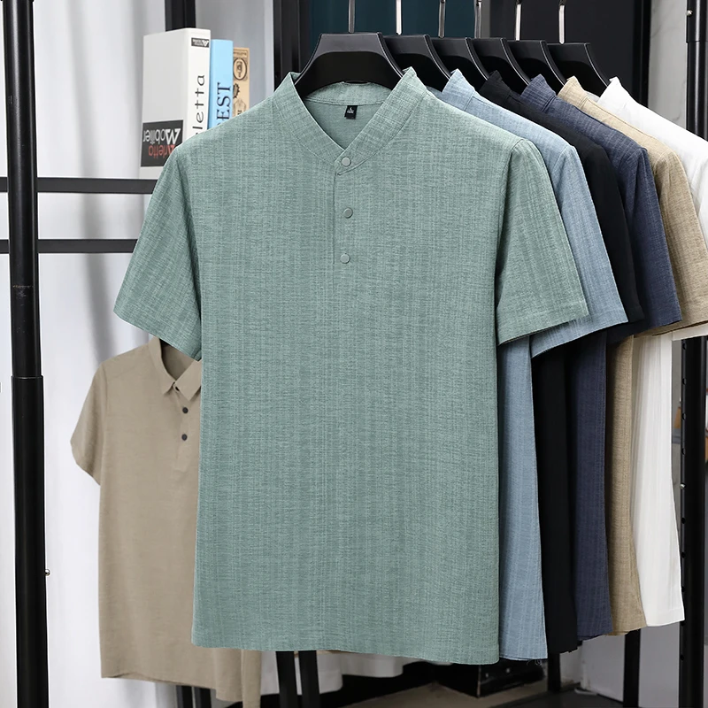 Mens Mandarin Collar Half Plac - Linen Shirt Summer ulasan dan harga