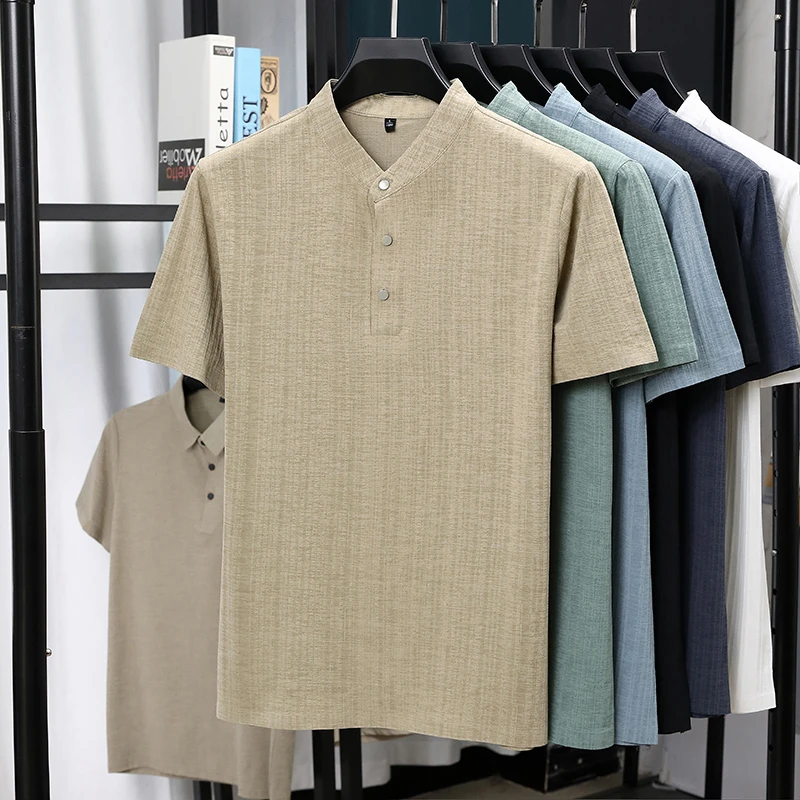 Mens Mandarin Collar Half Plac - Linen Shirt Summer ulasan dan harga