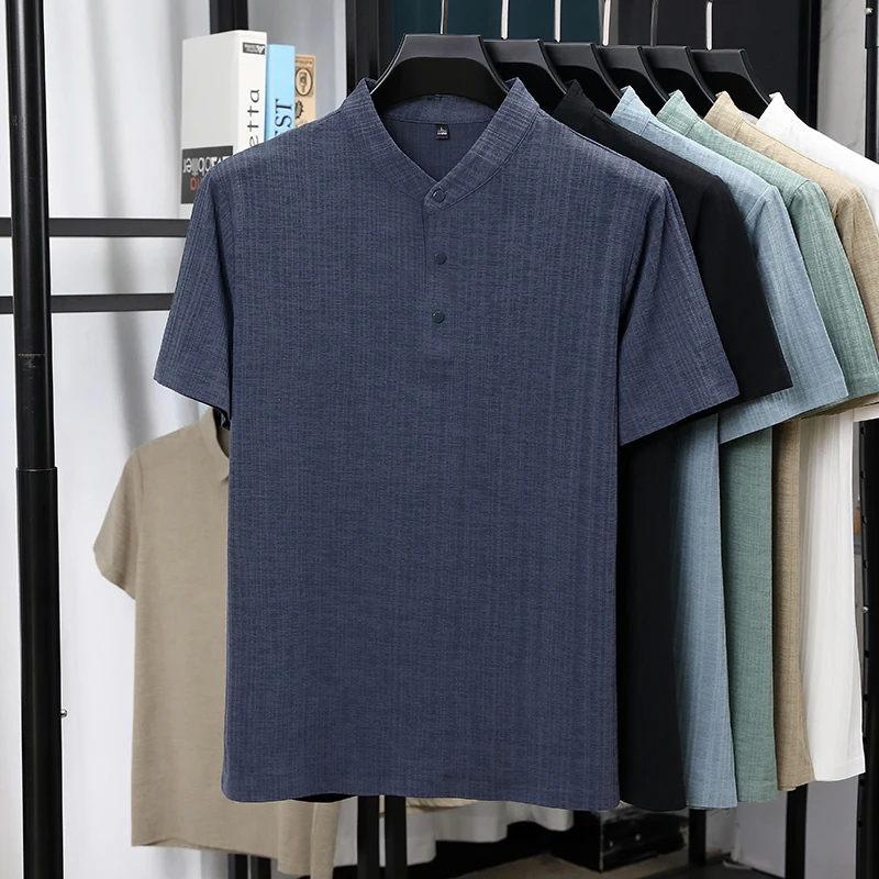 Mens Mandarin Collar Half Plac - Linen Shirt Summer ulasan dan harga