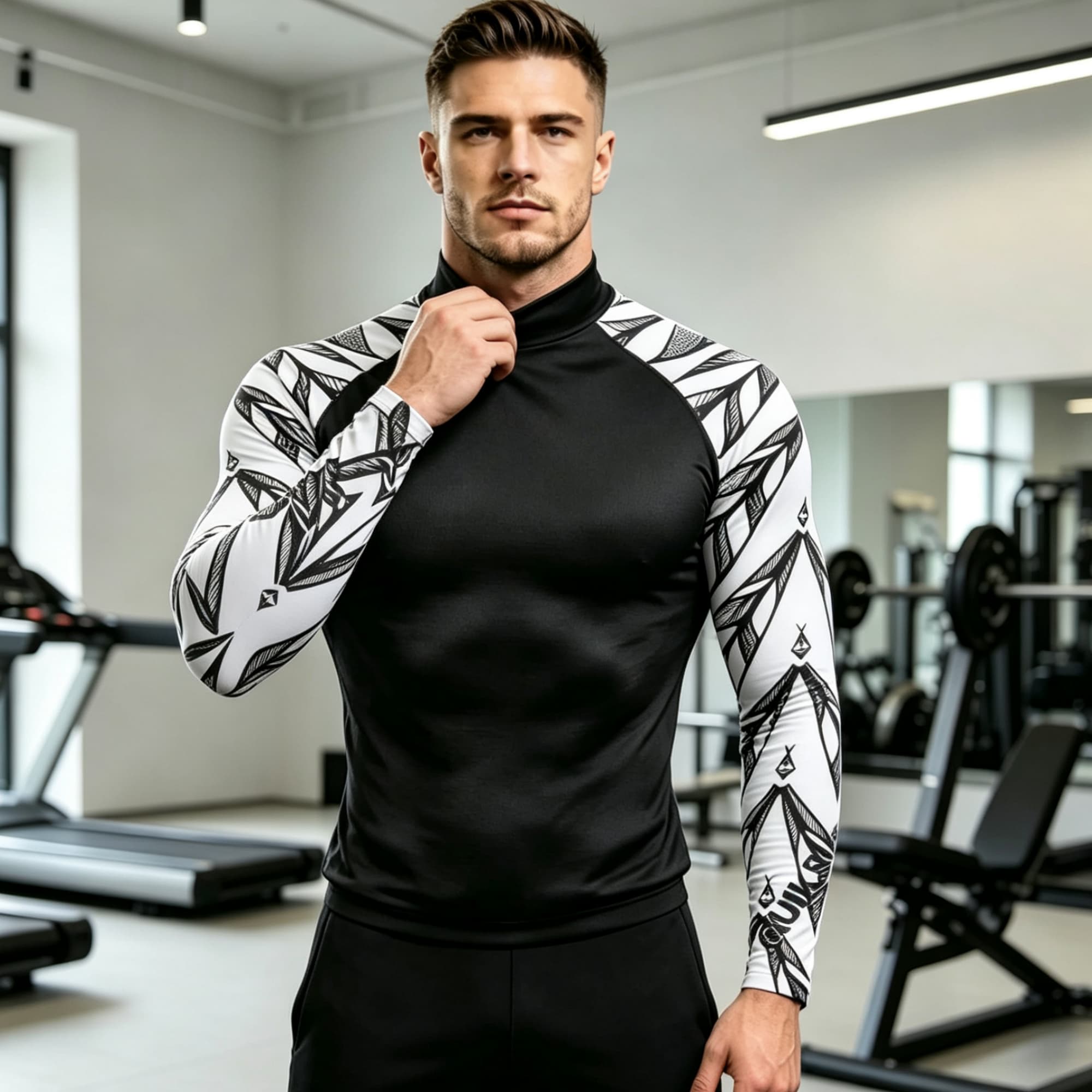 Geometric Print Spliced Mock N - Compression Shirt Workout ulasan dan harga