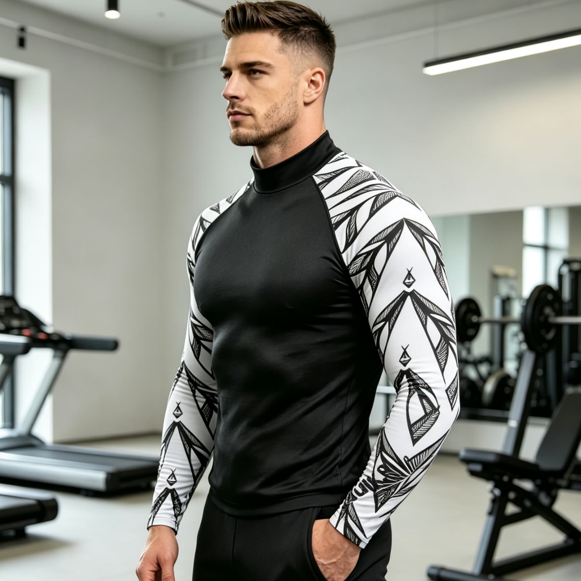Geometric Print Spliced Mock N - Compression Shirt Workout ulasan dan harga