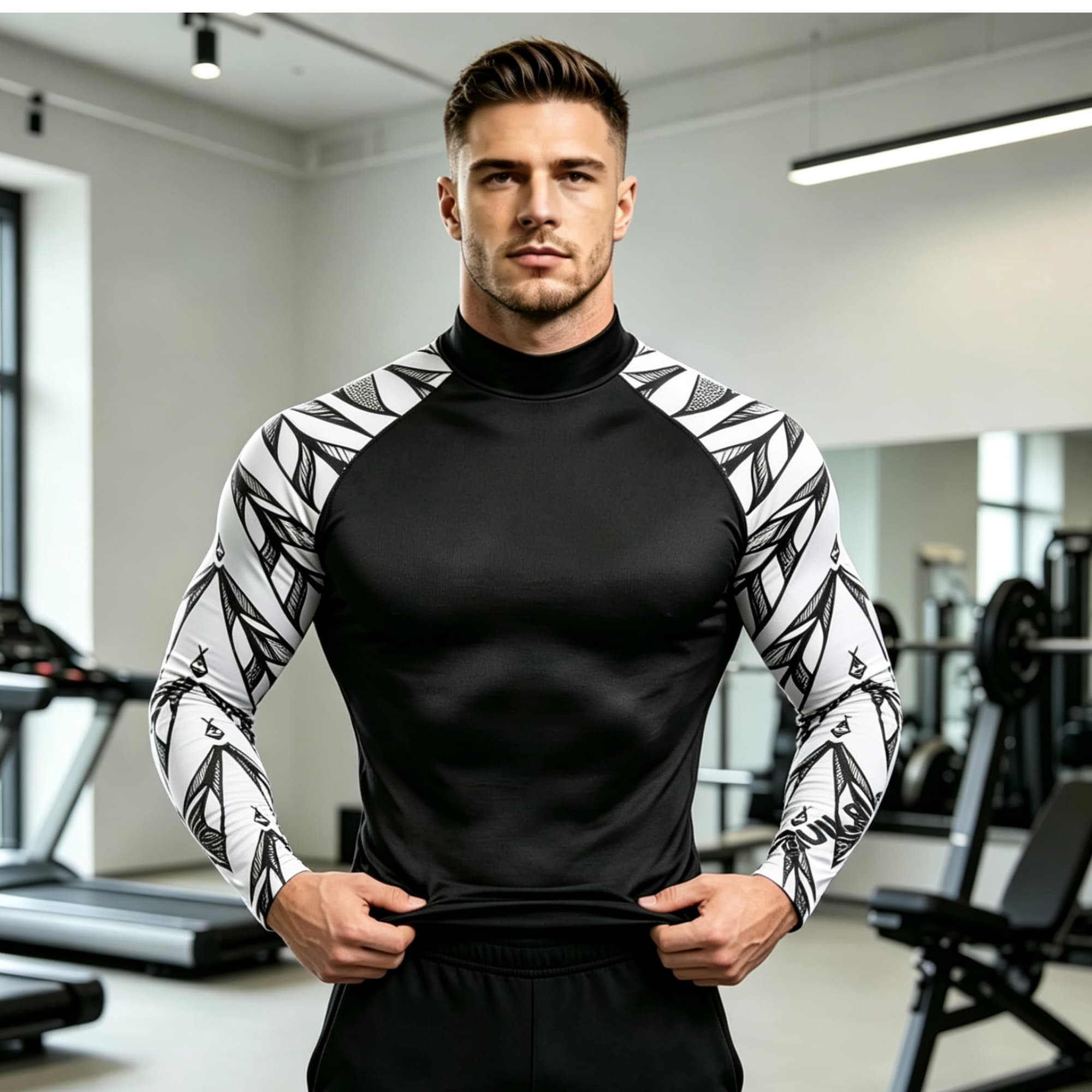 Geometric Print Spliced Mock N - Compression Shirt Workout ulasan dan harga