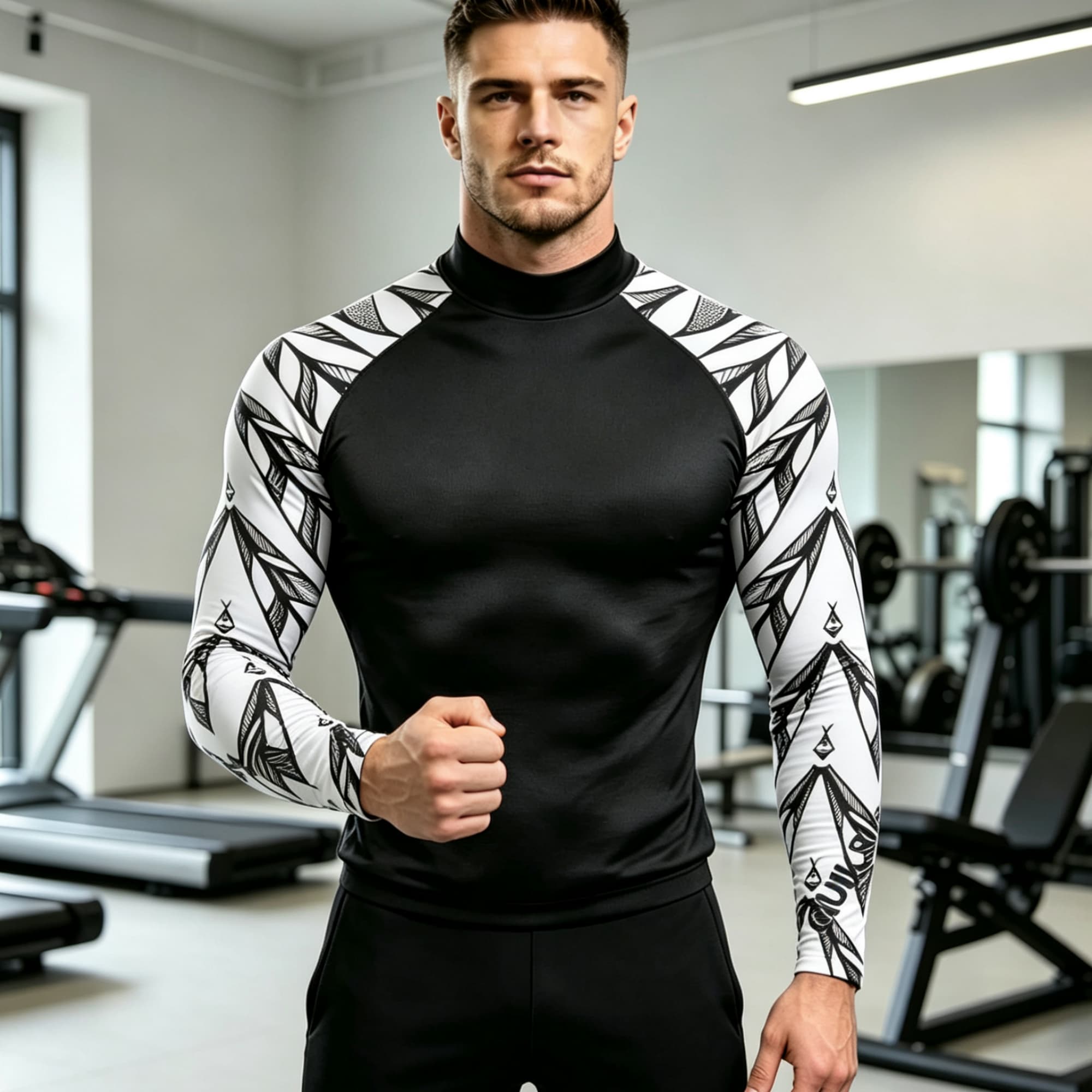 Geometric Print Spliced Mock N - Compression Shirt Workout ulasan dan harga