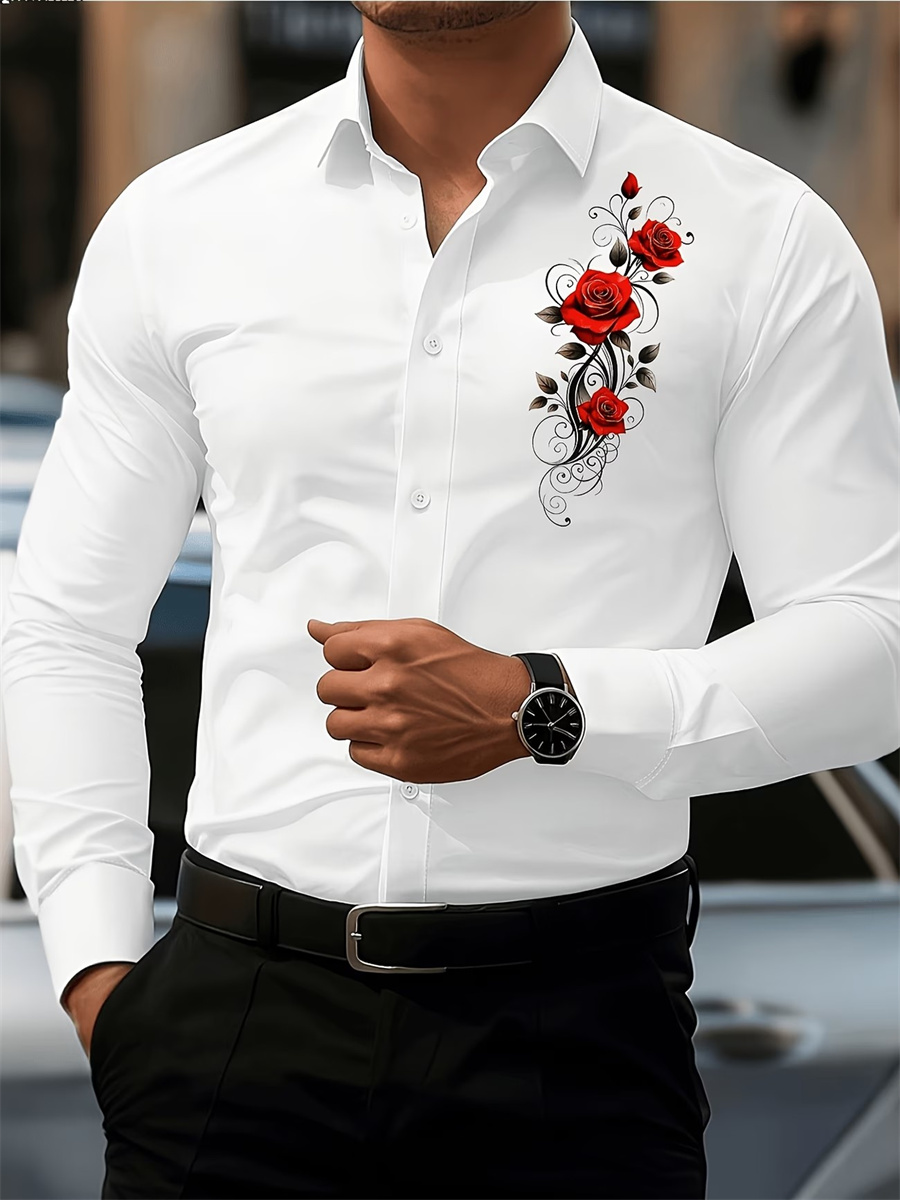 Men's Red Rose Print Long-Slee - Mens Fashion Ideas ulasan dan harga