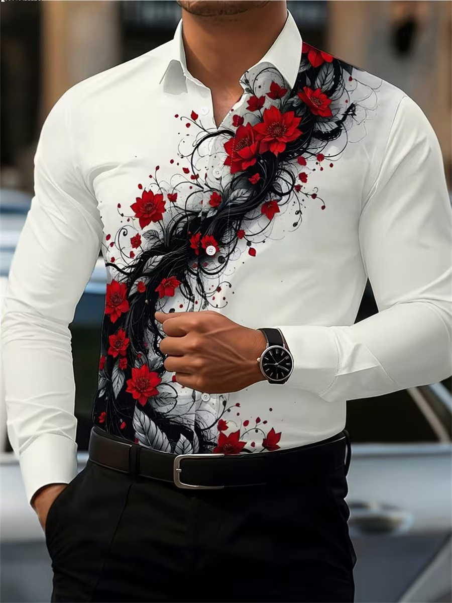 Men's Red Rose Print Long-Slee - Mens Fashion Ideas ulasan dan harga