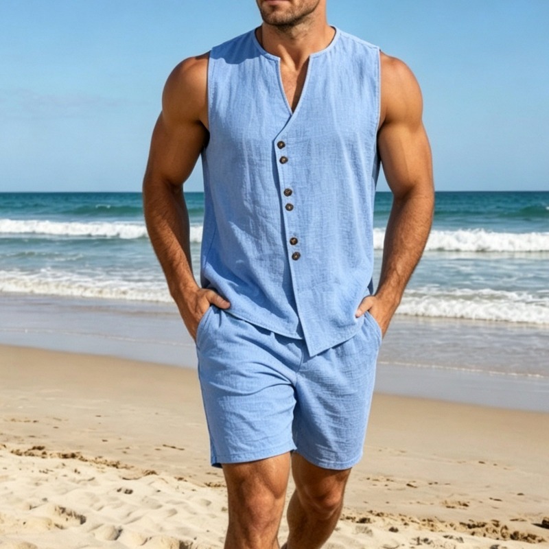Men Simple Solid Linen Sleevel - Linen Shirt Summer ulasan dan harga